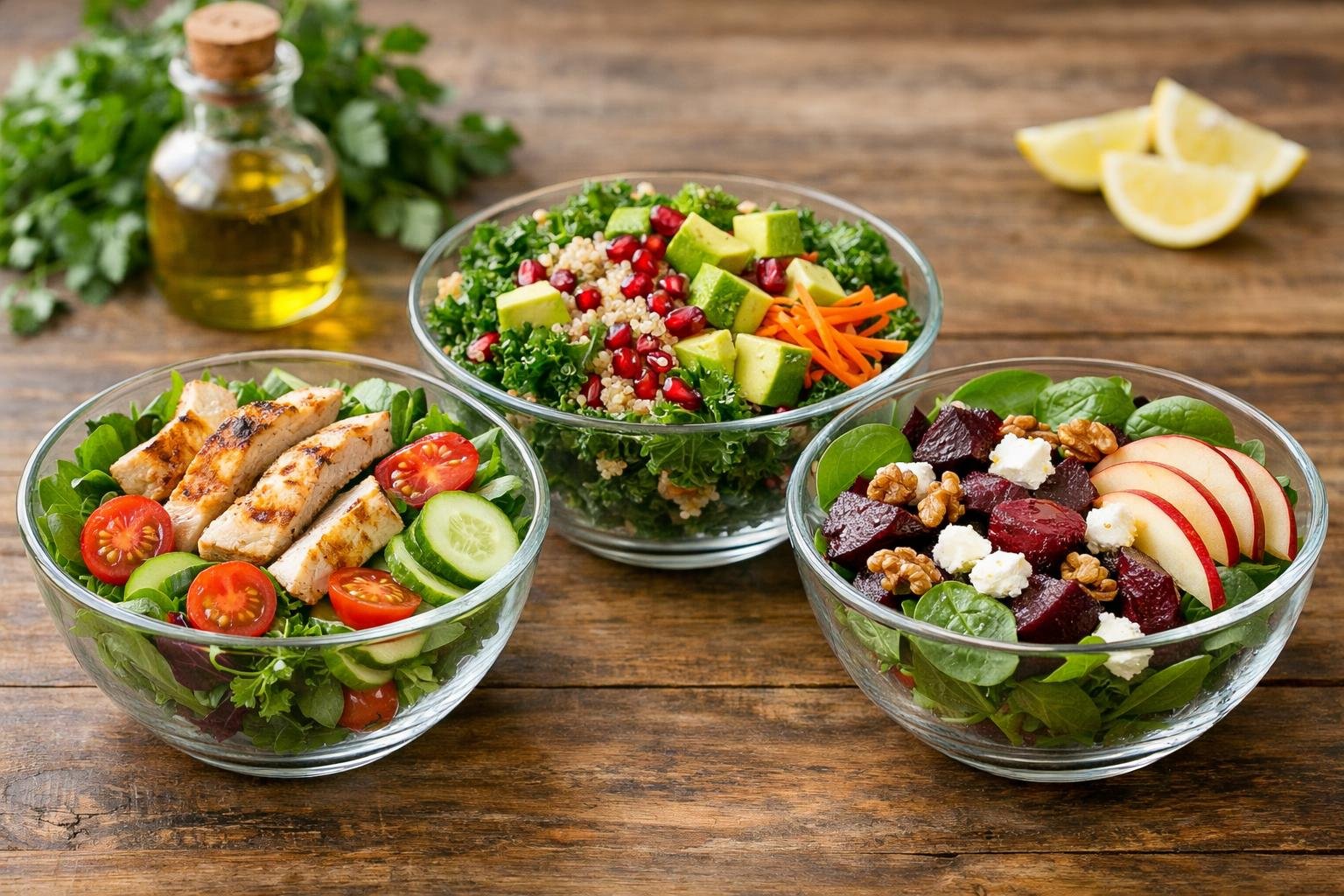 Three bowls of fresh weight loss salads with various colorful vegetables, fruits, and proteins arranged on a wooden table.