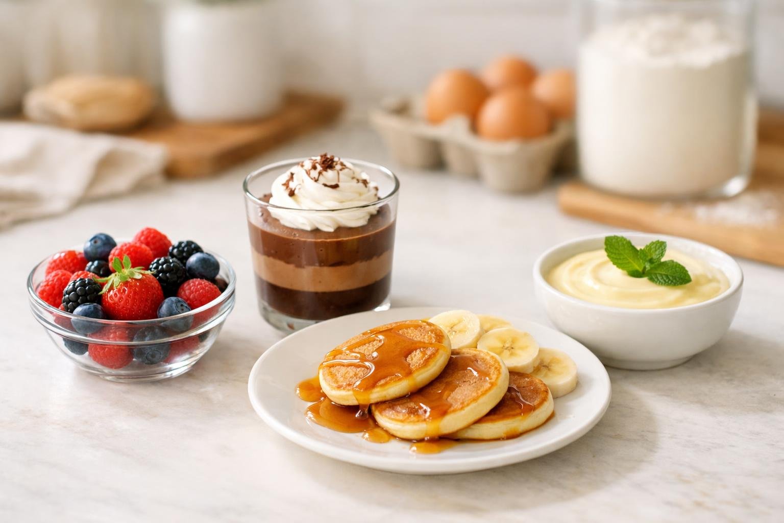 Four different easy and quick desserts displayed on a kitchen countertop, including berries, chocolate mousse, mini pancakes with syrup, and vanilla pudding with mint.