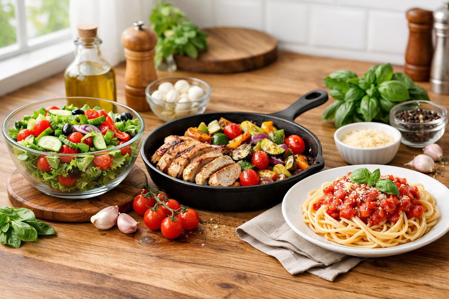 A kitchen countertop displaying three different easy dinner dishes including a fresh salad, grilled chicken with vegetables, and pasta with tomato sauce.